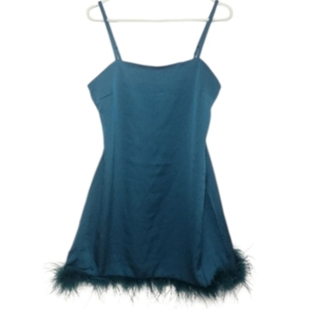 Women's Thirty Thirty Teal Green Feather Trim Slip Dress Sz Large